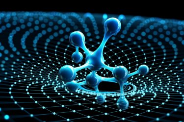 Molekül 3D-Illustration. Computersimulation und Laborversuche. Entzifferndes Genom. Virtuelle Modellierung chemischer Prozesse. Hochtechnologie in der Medizin.